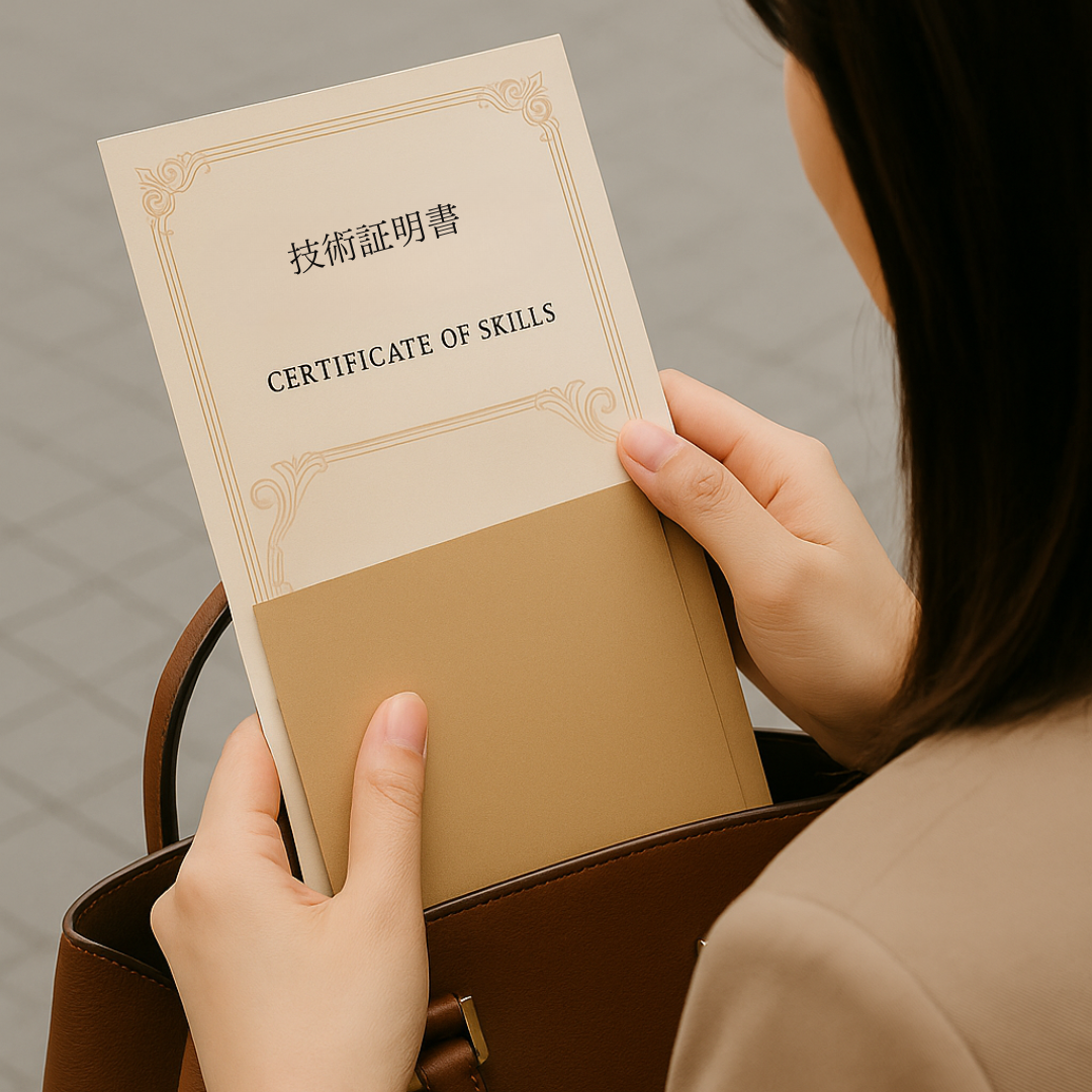 ネイルスクールの技術証明書を封筒に入れ、バッグに収めようとしている女性の手元。就職面接をイメージさせるシーン。